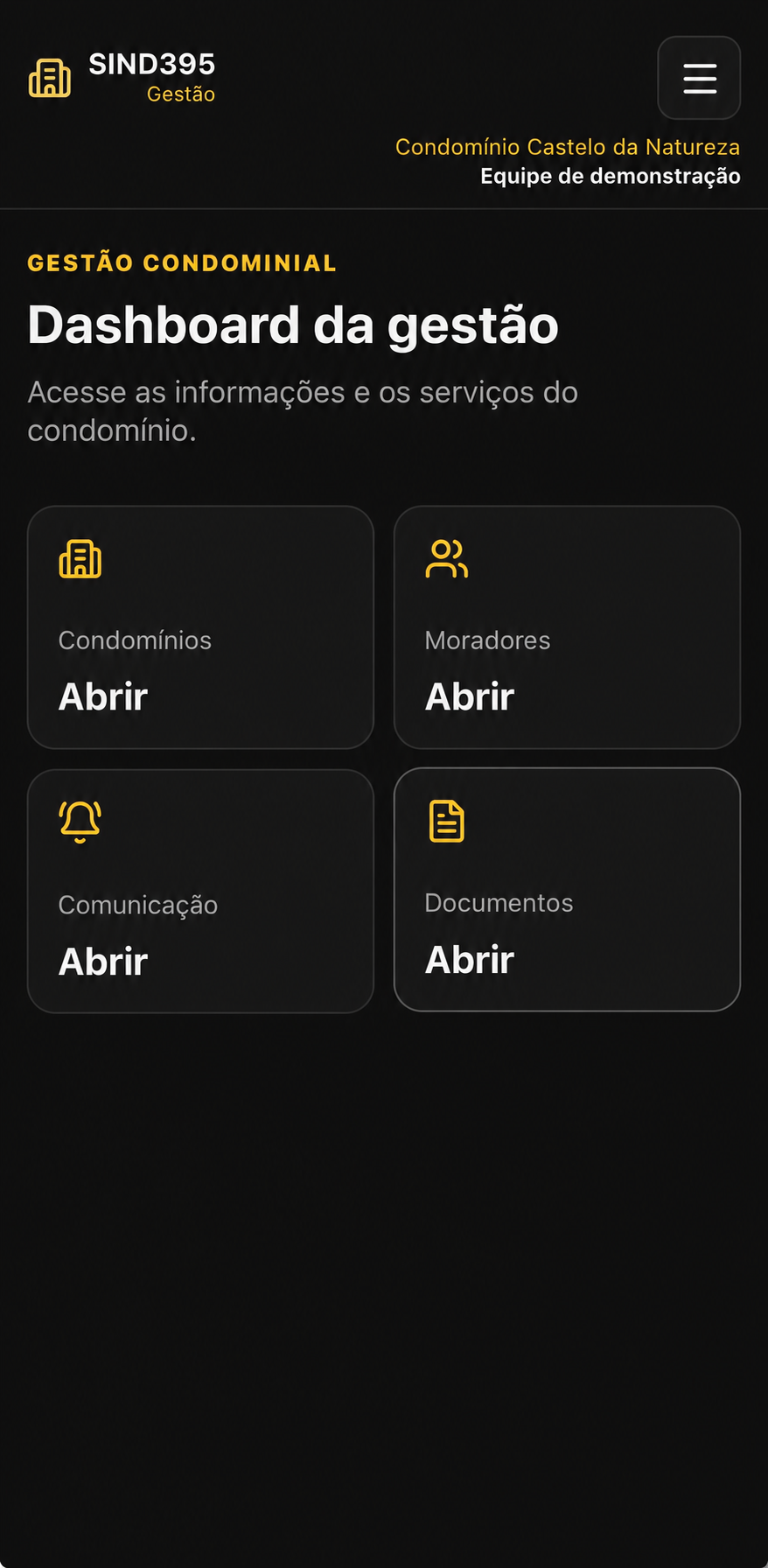Gestão Web no celular, com dados de demonstração