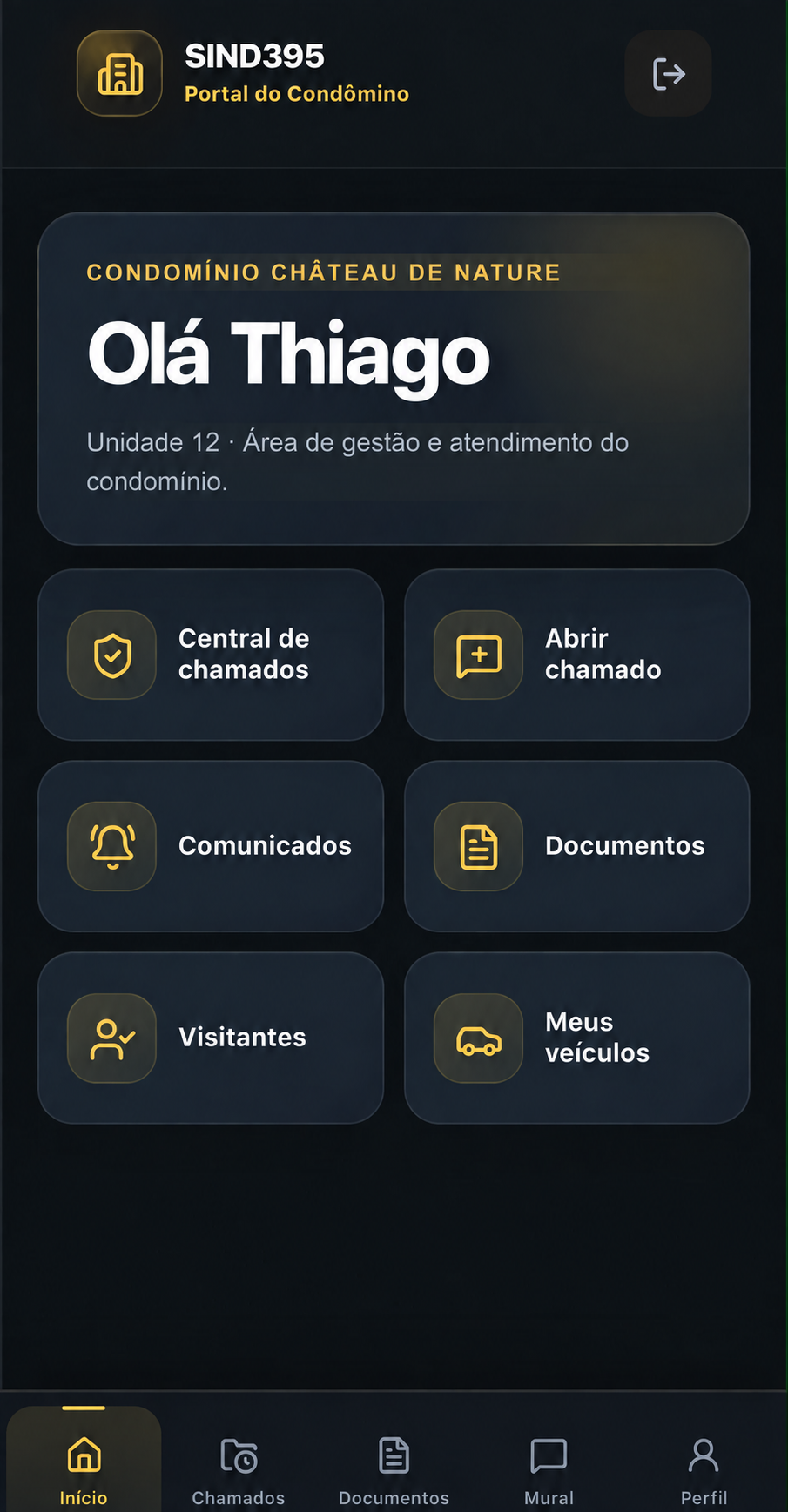 Portal do Condômino com usuário fictício Thiago